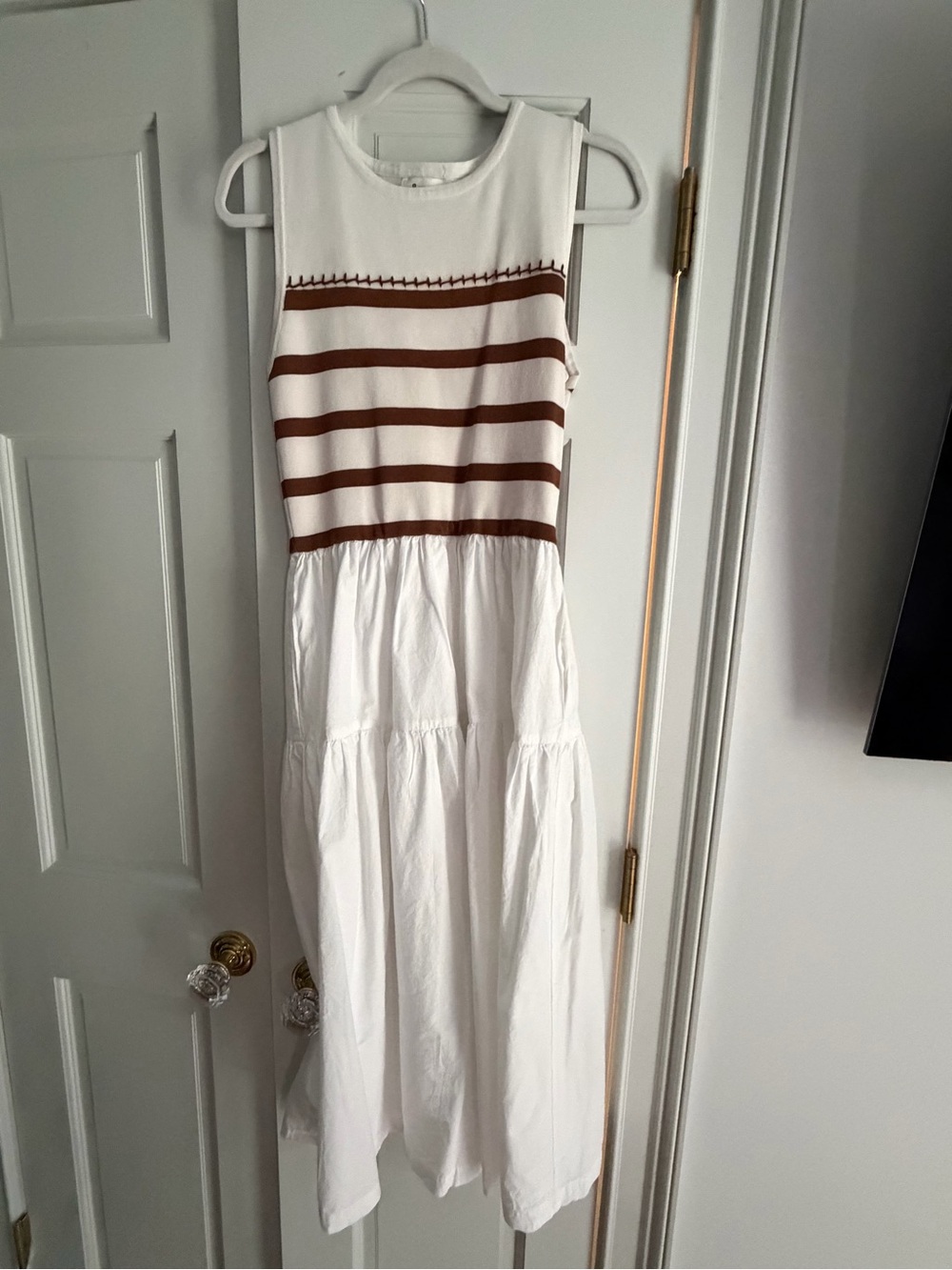 Sleeveless White Maxi Dress with Brown Stripes